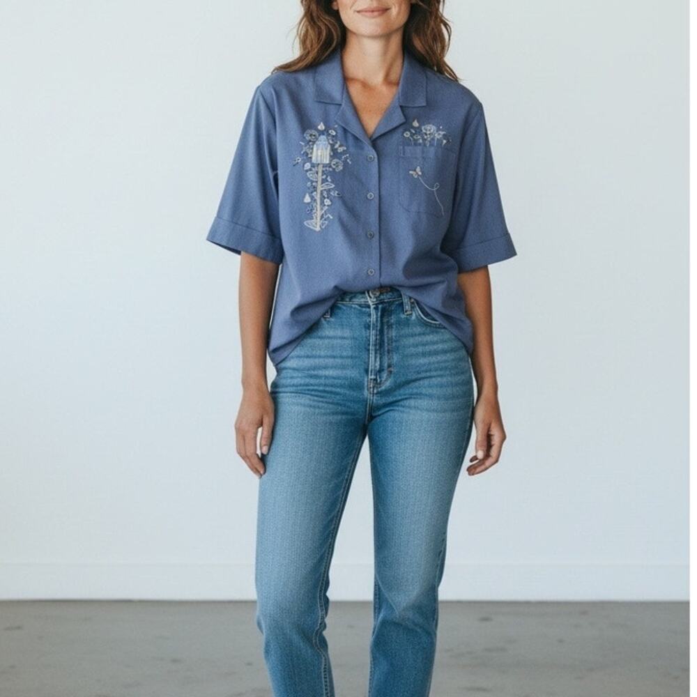 BonWorth Vintage Embroidered Button Up Top Blue Large Petite